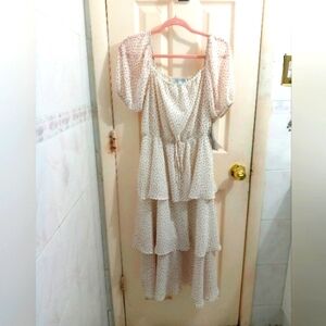 Sweet Rain XL White Pink Polka Dot Tiered Midi Dress Puff Sleeve Cottagecore